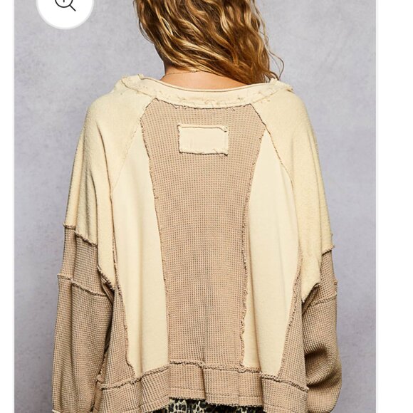 Pol Notched Neck Oversize Fit Top WAFFLE KNIT Dolman Sleeve French Terry NEW - Picture 2 of 2